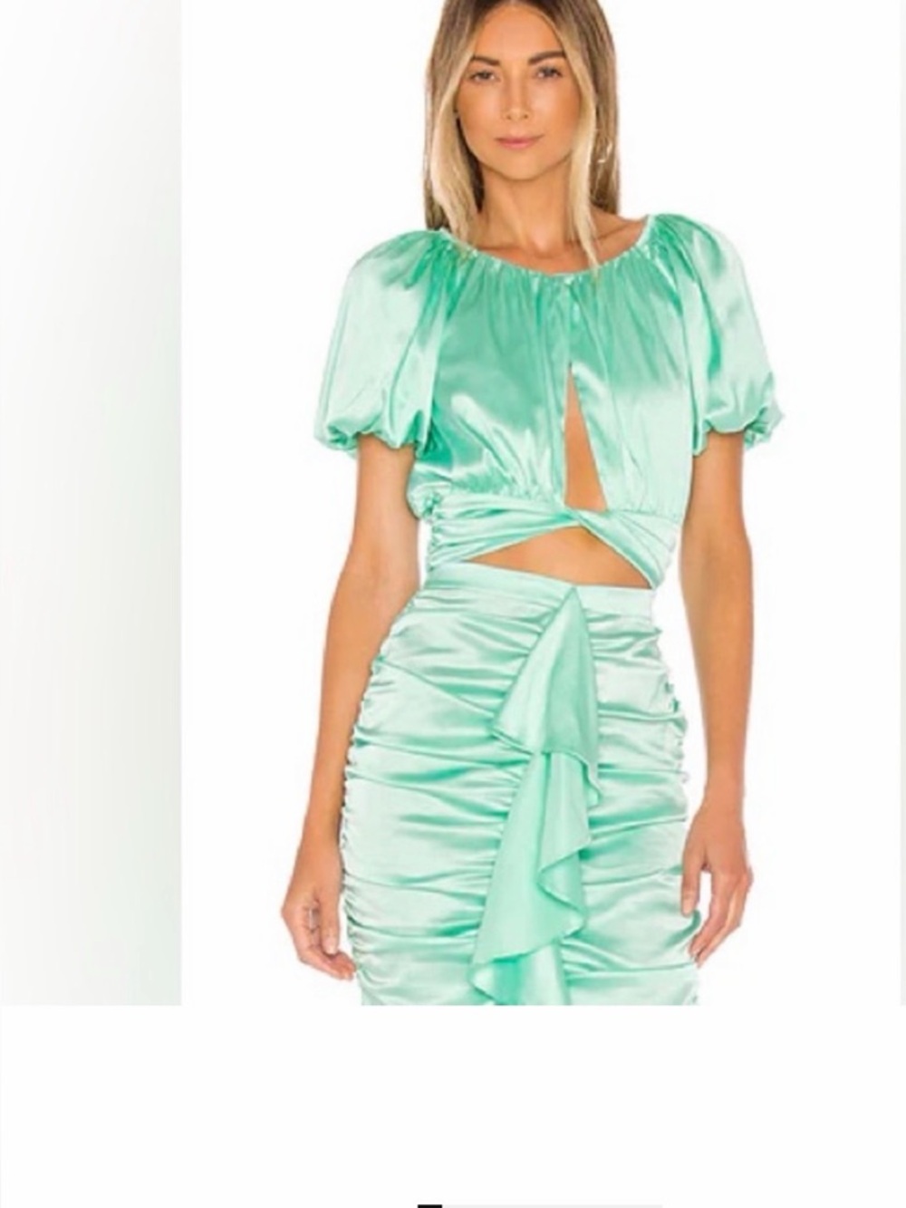For Love & Lemons Mint Satin Midi Skirt with Ruffle Detail